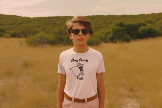 Boy out playing golf wearing a Huey Chewy white golfer t-shirt