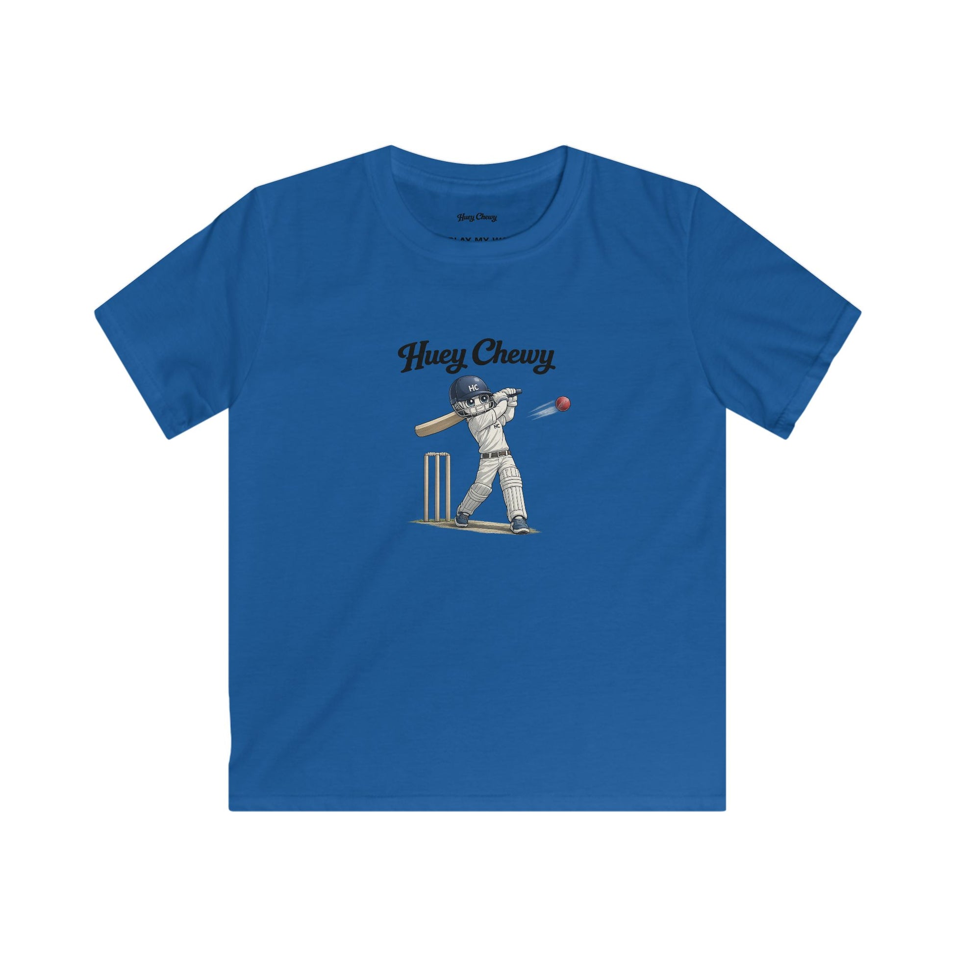 Huey Chewy cricket player t-shirt in blue - flat lay