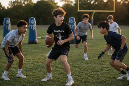 Boy playing a game of American football with friends wearing Huey Chewy black American football t-shirt