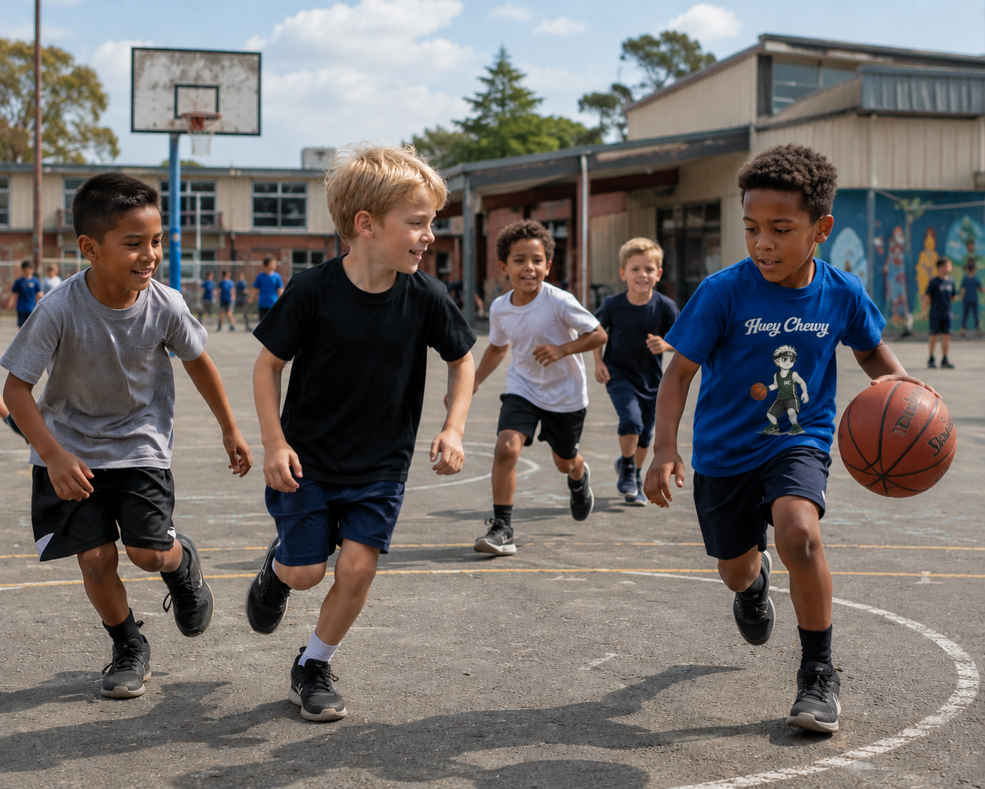 Boy playing basketball at school with friends wearing Huey Chewy blue basketball t-shirt