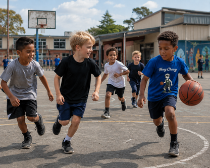 Boy playing basketball at school with friends wearing Huey Chewy blue basketball t-shirt