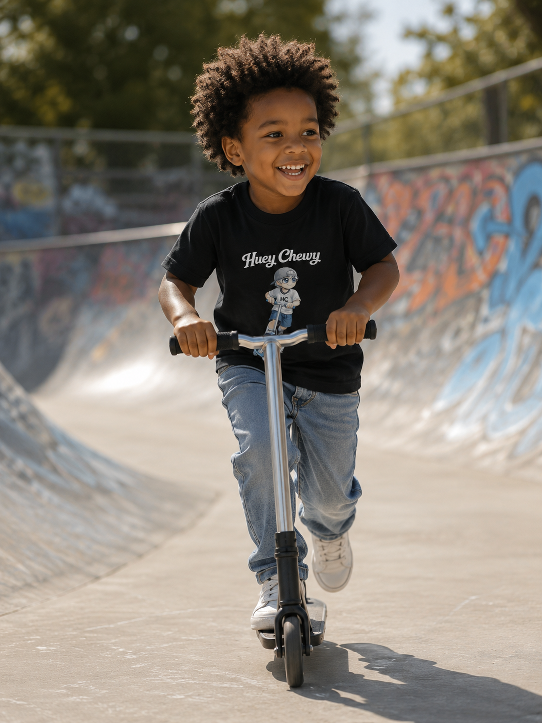 Boy riding his scooter at the skate park wearing Huey Chewy black scooter rider t-shirt