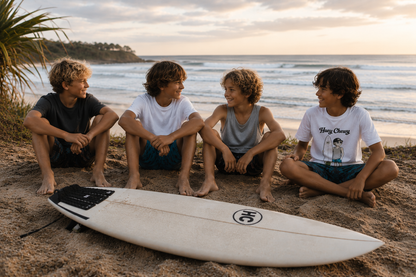 Boy hanging out with friends at the beach wearing Huey Chewy white surfer t-shirt