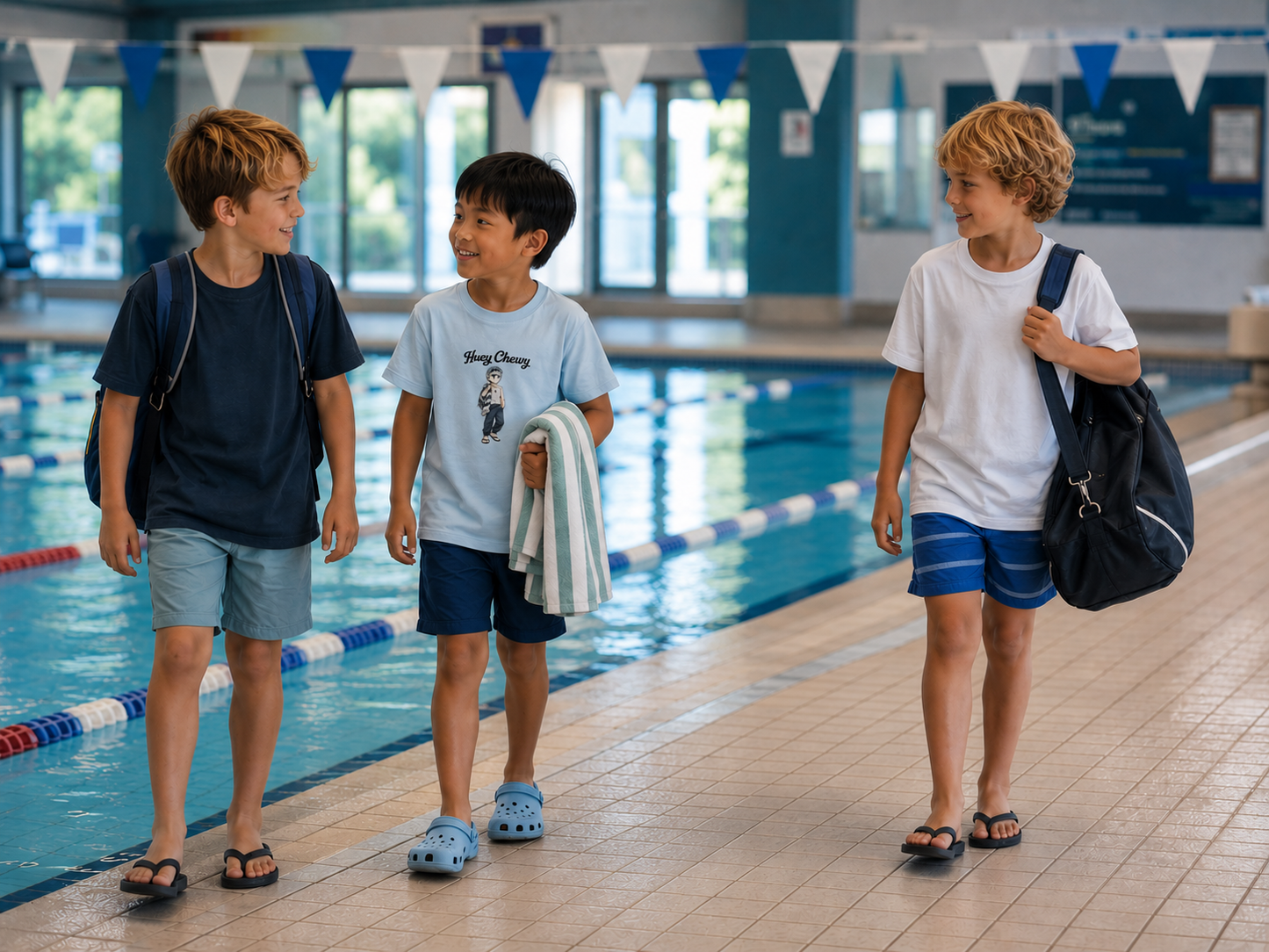 Boy heading to his swimming lesson  wearing Huey Chewy light blue swimming t-shirt