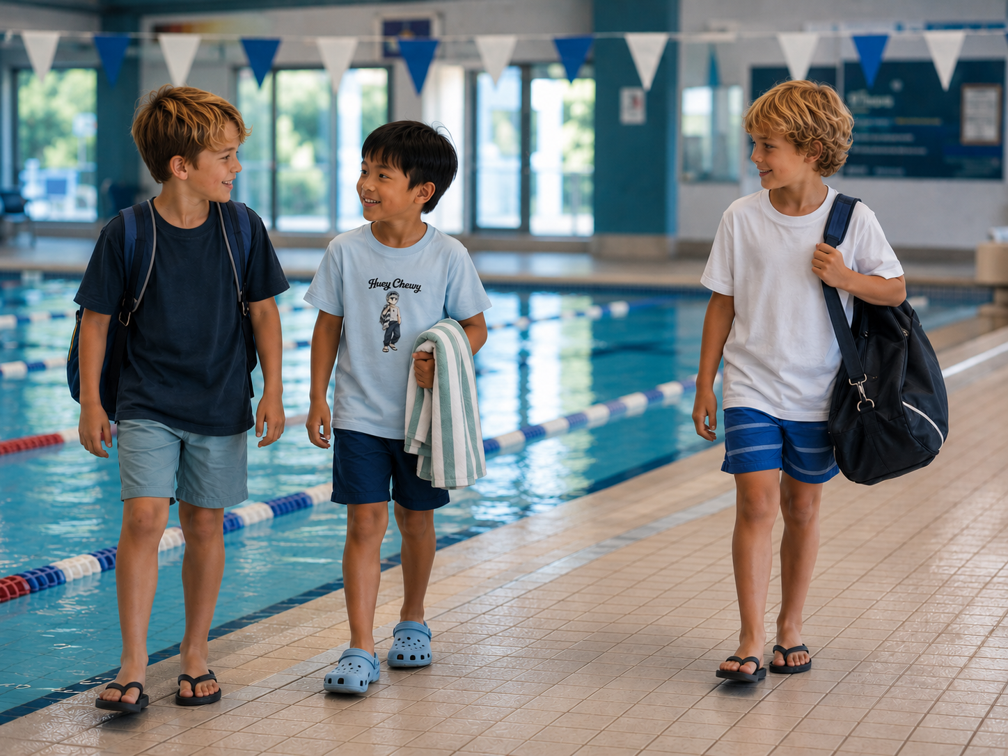 Boy heading to his swimming lesson  wearing Huey Chewy light blue swimming t-shirt