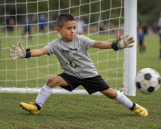Boy player goal keeper in a football game wearing Huey Chewy light grey football t-shirt