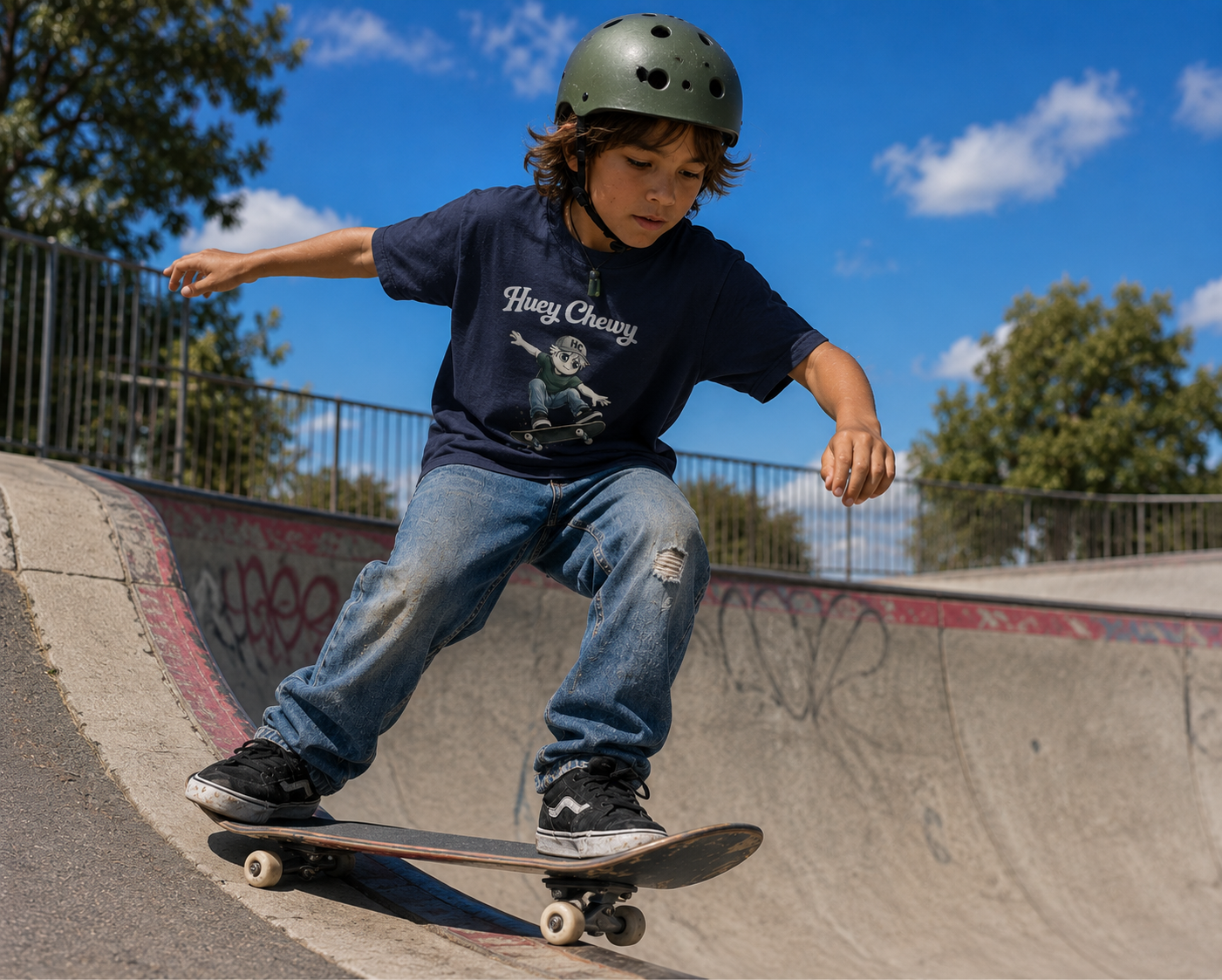 Boy skateboarding at the park wearing Huey Chewy navy blue skateboarder t-shirt