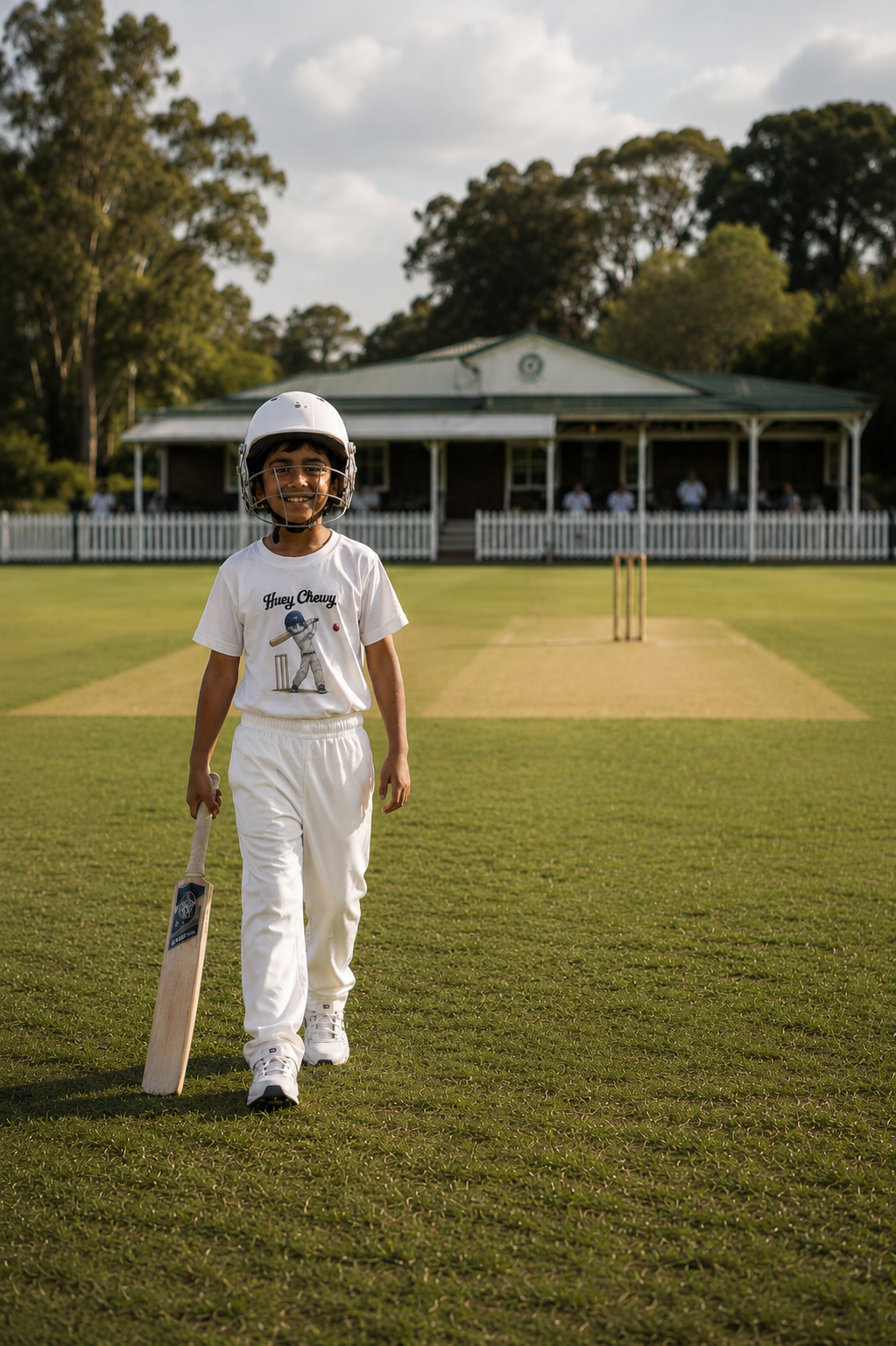 Boy playing cricket at the park wearing Huey Chewy white cricket t-shirt