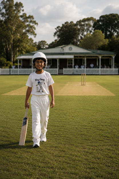 Boy playing cricket at the park wearing Huey Chewy white cricket t-shirt