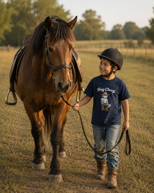 Boy exercising his horse wearing Huey Chewy navy blue cowboy t-shirt